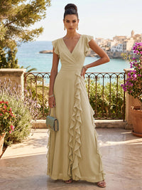 Chiffon A-Line/Princess V-Neck Floor-Length Formal Dresses with Ruffles