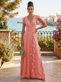 Chiffon A-Line/Princess V-Neck Floor-Length Formal Dresses with Ruffles