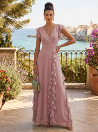 Chiffon A-Line/Princess V-Neck Floor-Length Formal Dresses with Ruffles