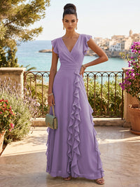 Chiffon A-Line/Princess V-Neck Floor-Length Formal Dresses with Ruffles