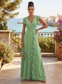 Chiffon A-Line/Princess V-Neck Floor-Length Formal Dresses with Ruffles