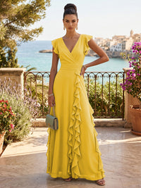 Chiffon A-Line/Princess V-Neck Floor-Length Formal Dresses with Ruffles
