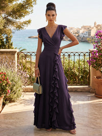 Chiffon A-Line/Princess V-Neck Floor-Length Formal Dresses with Ruffles