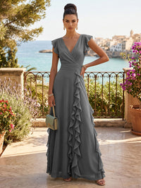 Chiffon A-Line/Princess V-Neck Floor-Length Formal Dresses with Ruffles