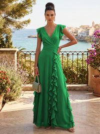 Chiffon A-Line/Princess V-Neck Floor-Length Formal Dresses with Ruffles