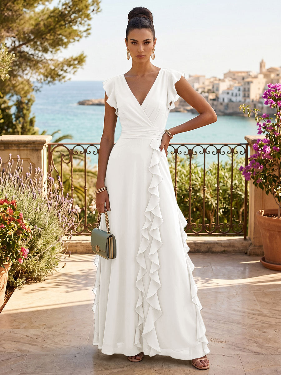 Chiffon A-Line/Princess V-Neck Floor-Length Formal Dresses with Ruffles