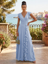 Chiffon A-Line/Princess V-Neck Floor-Length Formal Dresses with Ruffles