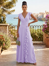 Chiffon A-Line/Princess V-Neck Floor-Length Formal Dresses with Ruffles