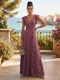 Chiffon A-Line/Princess V-Neck Floor-Length Formal Dresses with Ruffles