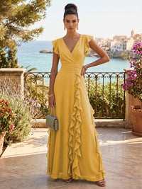 Chiffon A-Line/Princess V-Neck Floor-Length Formal Dresses with Ruffles