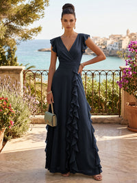 Chiffon A-Line/Princess V-Neck Floor-Length Formal Dresses with Ruffles