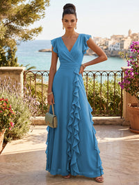 Chiffon A-Line/Princess V-Neck Floor-Length Formal Dresses with Ruffles