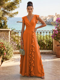Chiffon A-Line/Princess V-Neck Floor-Length Formal Dresses with Ruffles
