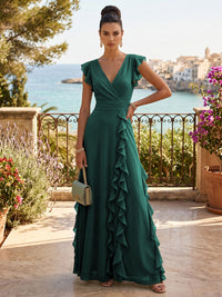 Chiffon A-Line/Princess V-Neck Floor-Length Formal Dresses with Ruffles