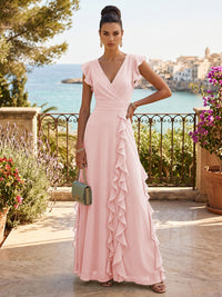 Chiffon A-Line/Princess V-Neck Floor-Length Formal Dresses with Ruffles