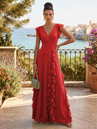 Chiffon A-Line/Princess V-Neck Floor-Length Formal Dresses with Ruffles