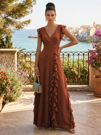 Chiffon A-Line/Princess V-Neck Floor-Length Formal Dresses with Ruffles