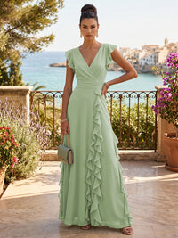 Chiffon A-Line/Princess V-Neck Floor-Length Formal Dresses with Ruffles