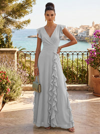 Chiffon A-Line/Princess V-Neck Floor-Length Formal Dresses with Ruffles