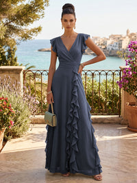 Chiffon A-Line/Princess V-Neck Floor-Length Formal Dresses with Ruffles