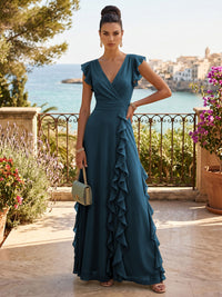 Chiffon A-Line/Princess V-Neck Floor-Length Formal Dresses with Ruffles