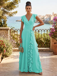 Chiffon A-Line/Princess V-Neck Floor-Length Formal Dresses with Ruffles