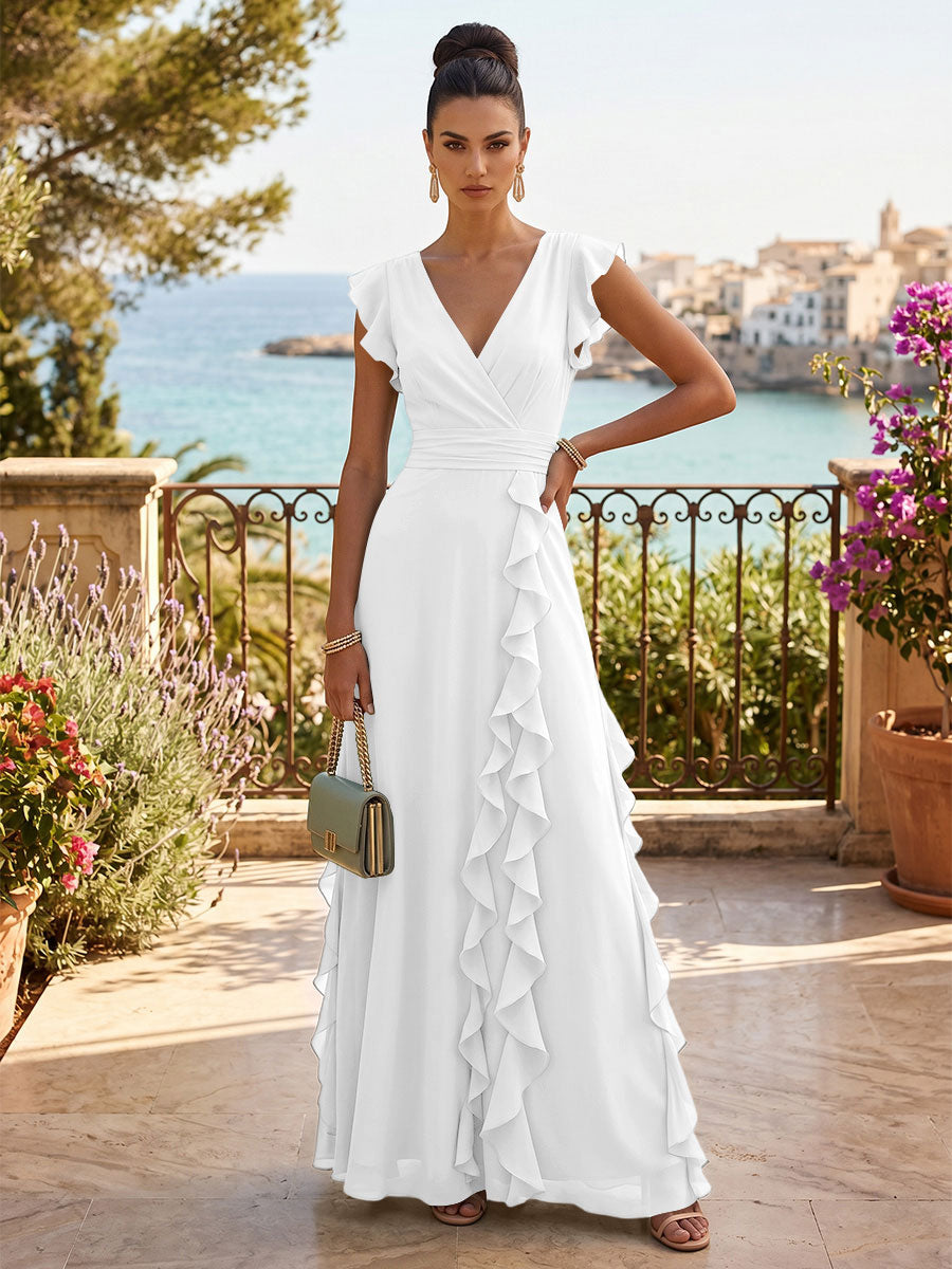 Chiffon A-Line/Princess V-Neck Floor-Length Formal Dresses with Ruffles