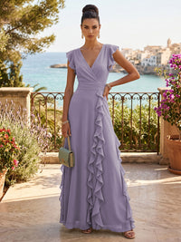 Chiffon A-Line/Princess V-Neck Floor-Length Formal Dresses with Ruffles