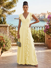 Chiffon A-Line/Princess V-Neck Floor-Length Formal Dresses with Ruffles