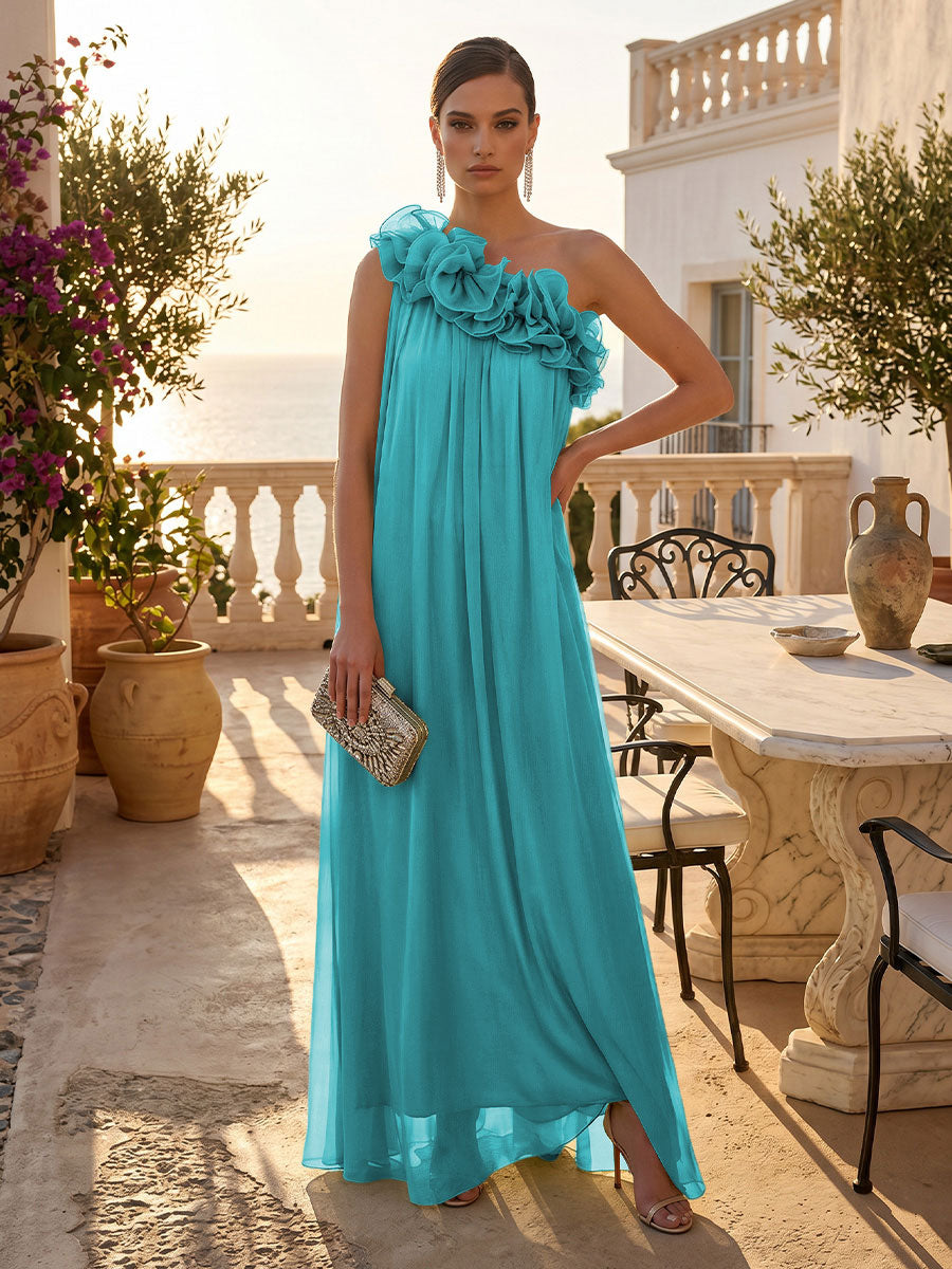 Chiffon A-Line/Princess One Shoulder Floor-Length Formal Dresses with Pleats