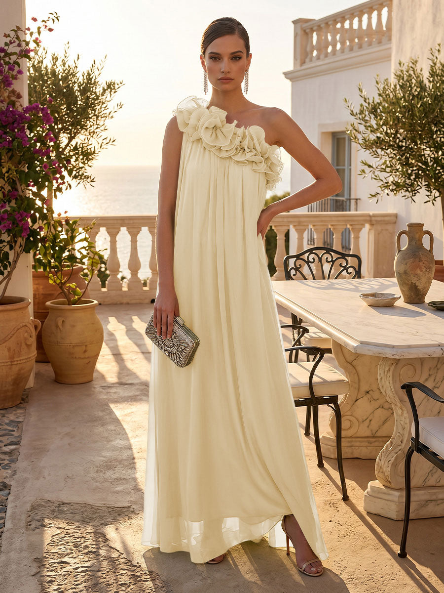 Chiffon A-Line/Princess One Shoulder Floor-Length Formal Dresses with Pleats
