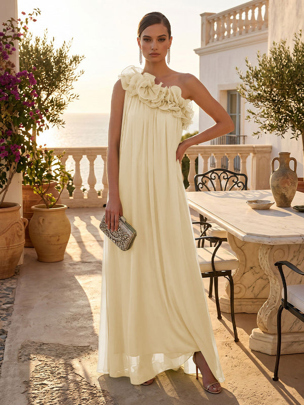 Chiffon A-Line/Princess One Shoulder Floor-Length Formal Dresses with Pleats