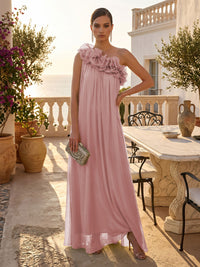 Chiffon A-Line/Princess One Shoulder Floor-Length Formal Dresses with Pleats