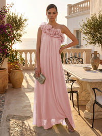 Chiffon A-Line/Princess One Shoulder Floor-Length Formal Dresses with Pleats