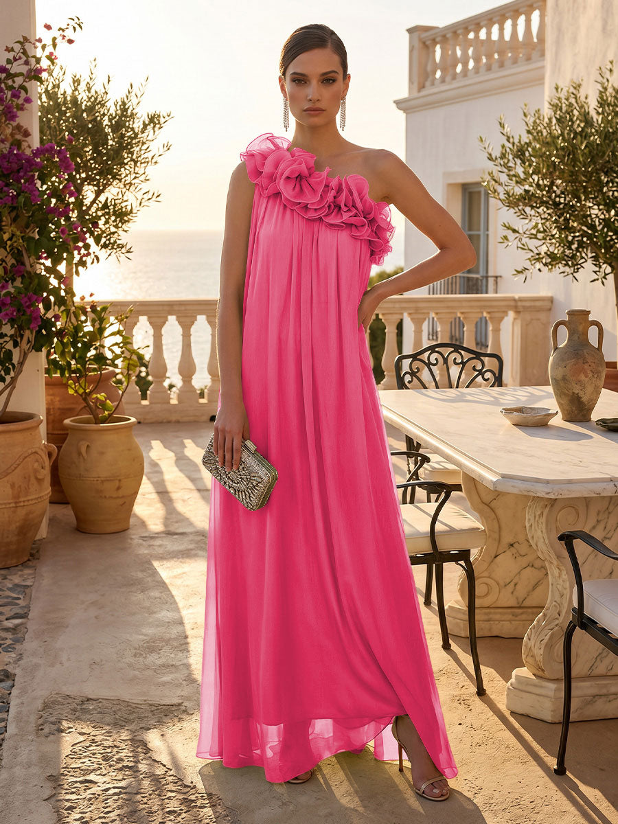 Chiffon A-Line/Princess One Shoulder Floor-Length Formal Dresses with Pleats