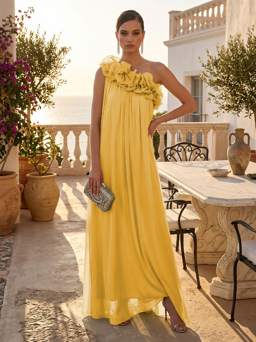 Shirees Mustard Yellow Chiffon A-Line/Princess One Shoulder Floor-Length Formal Dresses with Pleats 2026