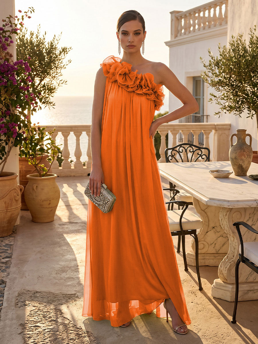 Chiffon A-Line/Princess One Shoulder Floor-Length Formal Dresses with Pleats