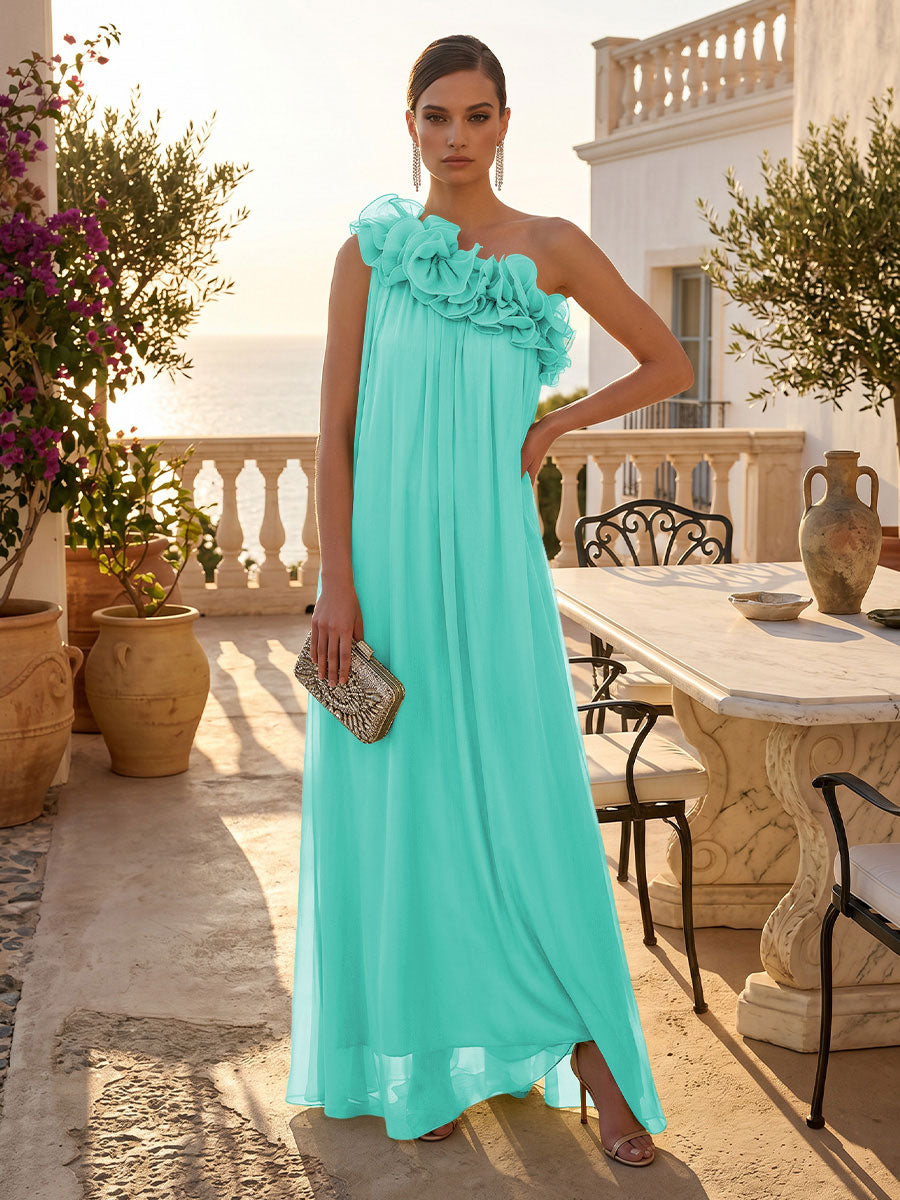 Chiffon A-Line/Princess One Shoulder Floor-Length Formal Dresses with Pleats