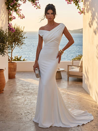 Satin Mermaid/Trumpet Off Shoulder Floor-Length Formal Dresses with Sweep Train