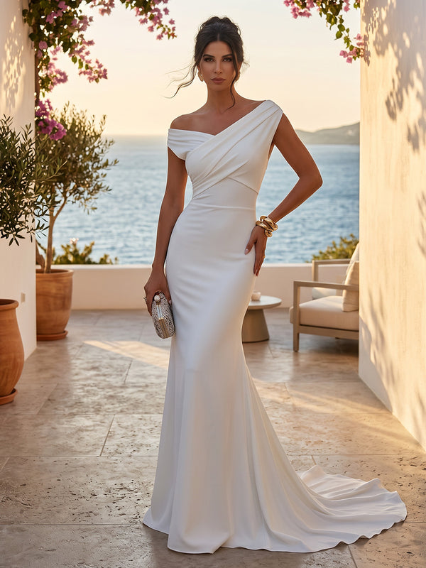 Satin Mermaid/Trumpet Off Shoulder Floor-Length Formal Dresses with Sweep Train