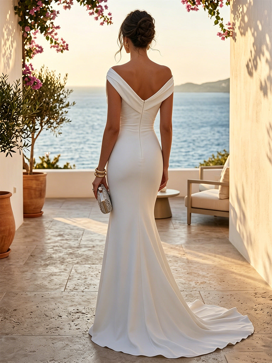 Satin Mermaid/Trumpet Off Shoulder Floor-Length Formal Dresses with Sweep Train