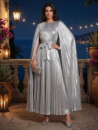 Metallic Satin A-Line/Princess Scoop Neck Floor-Length Formal Dresses with Cape & Pleats