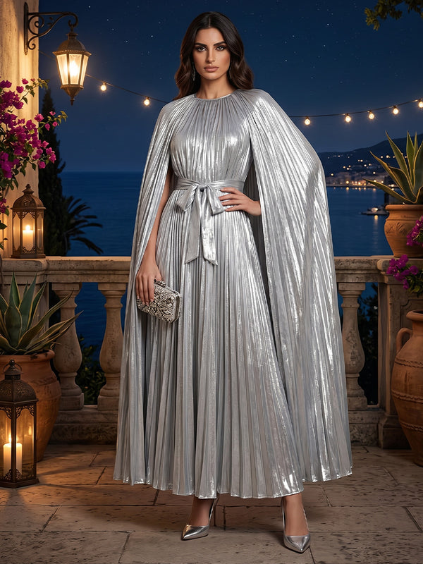 Metallic Satin A-Line/Princess Scoop Neck Floor-Length Formal Dresses with Cape & Pleats