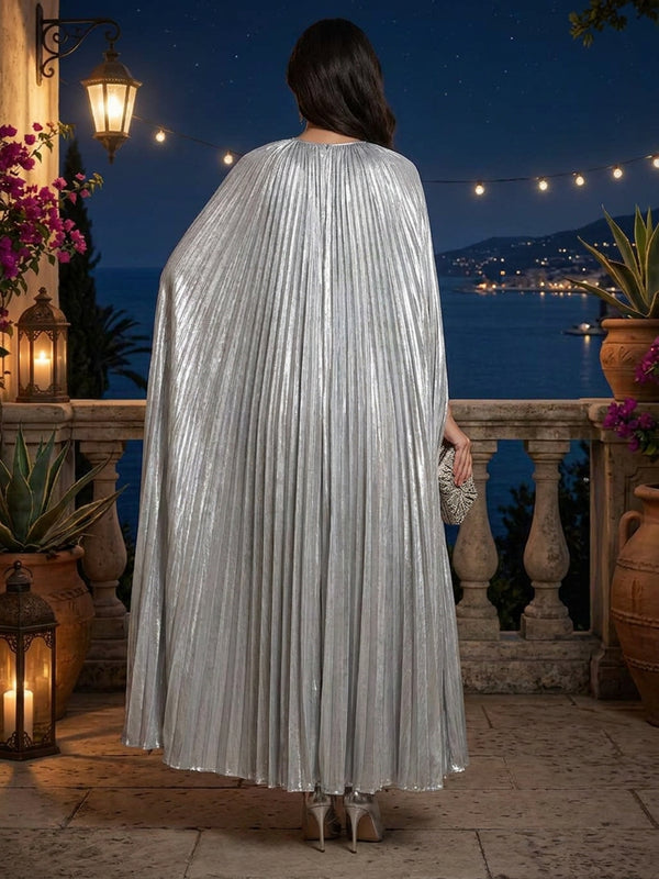 Metallic Satin A-Line/Princess Scoop Neck Floor-Length Formal Dresses with Cape & Pleats