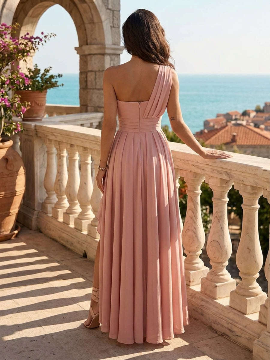 Chiffon A-Line/Princess One Shoulder Floor-Length Formal Dresses with Pleats & Slit