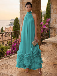 Chiffon A-Line/Princess High Neck Floor-Length Formal Dresses with Ruffles