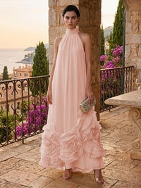 Chiffon A-Line/Princess High Neck Floor-Length Formal Dresses with Ruffles