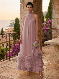 Chiffon A-Line/Princess High Neck Floor-Length Formal Dresses with Ruffles