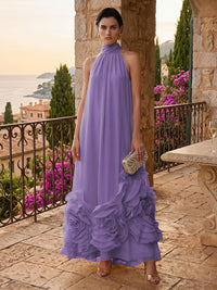 Chiffon A-Line/Princess High Neck Floor-Length Formal Dresses with Ruffles