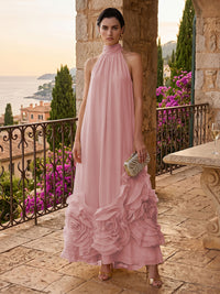Chiffon A-Line/Princess High Neck Floor-Length Formal Dresses with Ruffles